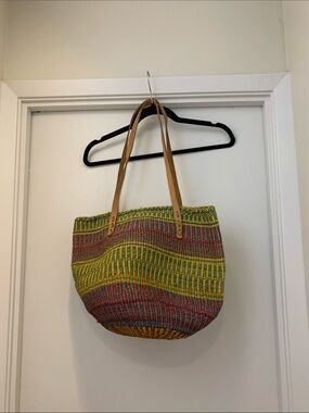 Woven Multicolor Straw Tote Bag with Tan Handles